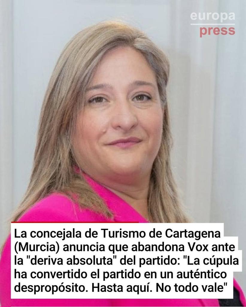 🔴 La concejala de Turismo de Cartagena (Murcia) anuncia que abandona Vox ante la "deriva absoluta" del partido: "La cúpula ha convertido el partido en un auténtico despropósito. Hasta aquí. No todo vale" ow.ly/cTLI50YBFnH