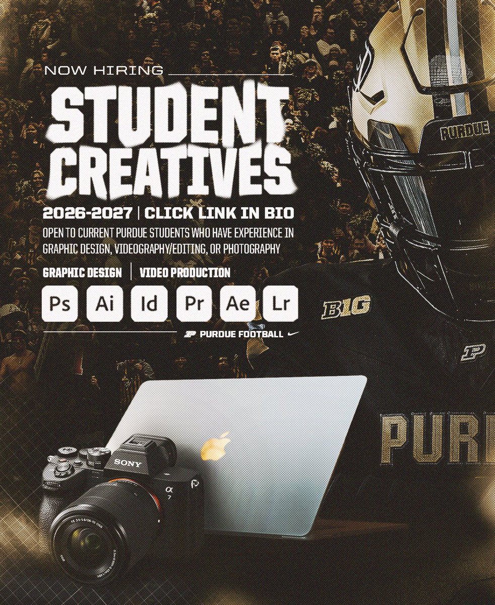 BoilerFootball's tweet photo. 🚂 Attention Boilermaker Students 🚂

Purdue Football is hiring student creatives 👀

Graphic Designers || Videographers || Photographers || Animators

Paid positions available

Apply here 👉 https://t.co/ylakOEza7y https://t.co/hat1qDmtvn