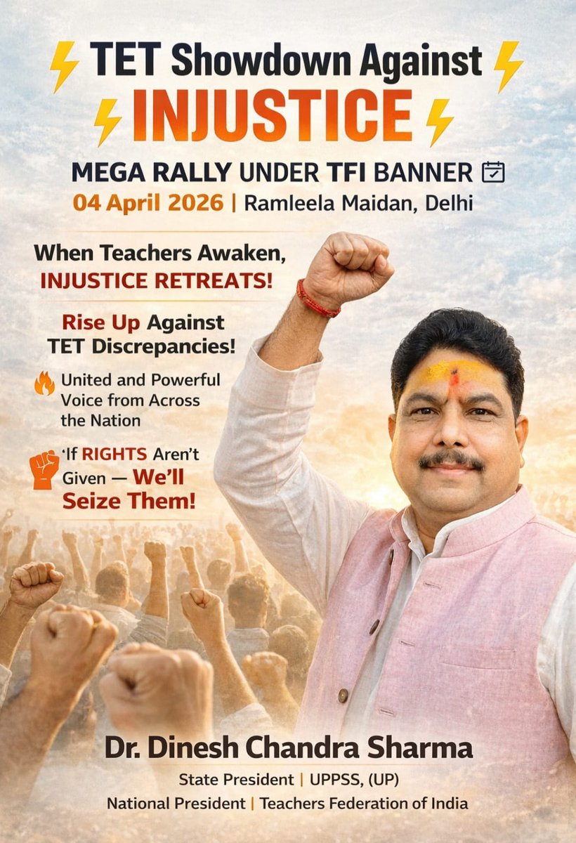 #04April_MarchToDelhi 
उसूलों पर आंच आये तो टकराना जरूरी है. 
जिंदा हो अगर तो जिंदा नजर आना जरूरी है...
  संघे शक्ति सर्वदा 
TFI JINDABAD 
UPPSS JINDABAD 
DR DC SHARMA JINDABAD
#JusticeForTeachers
@TFI_2025
<a href="/UPPSS1921/">UPPSS(उ०प्र०प्राथमिक शिक्षक संघ)</a>
<a href="/DrDCSHARMAUPPSS/">Dr Dinesh Chandra Sharma</a>
<a href="/RamMurtiThakur/">Ram Murti Thakur</a> 
<a href="/Sanat_Kr_Singh/">@sanat_kumar_singh</a>
