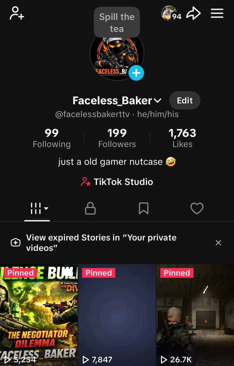 Roughly 5 weeks ago I started posting on Tik Tok .  I had a few followers and barely any views.. 5 weeks later I'm at almost 200 followers , had one vid hit over 24K views .. we keep grinding Div2 .. can't wait for new season and new content 😇😇