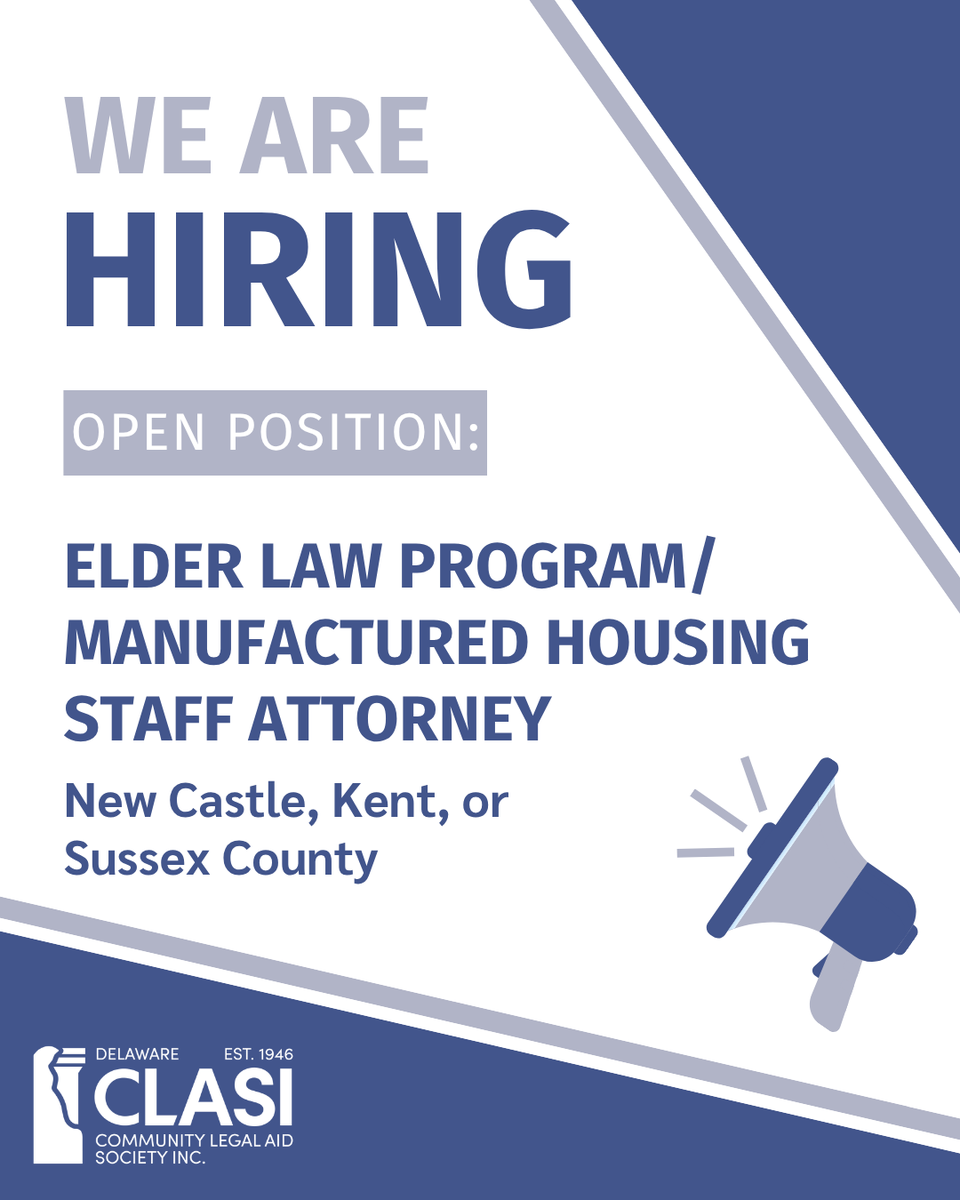 DECLASI's tweet photo. CLASI is hiring a Staff Attorney for our Elder Law Program &amp; Manufactured Housing practice—a unique opportunity to advocate for older adults, protect housing stability, and support victims of crime. 

Learn more and apply: 
https://t.co/658kgkzEit https://t.co/9uq7iafPlg