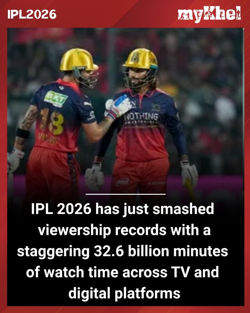 mykhelcom's tweet image. IPL2026 sets a new all‑time record with 32.6 Billion+ minutes watched during the opening weekend – a clear sign that cricket passion is at an all‑time high!

#IPL2026 #RecordBreaking #IPL #Mykhel #OI