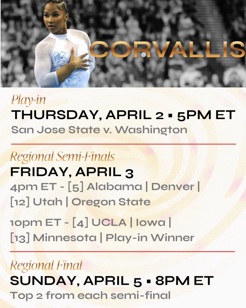 VLTgymnastics's tweet photo. Regionals are here. Four sites. Three rounds. And only eight teams make it to Fort Worth.

Swipe through all four.

📍 Full schedule + streaming links at https://t.co/kjDJFkRizw. 

#NCAAGym #NCAARegionals #CollegeGymnastics #NCAAChampionships https://t.co/OXeqZXSkO7
