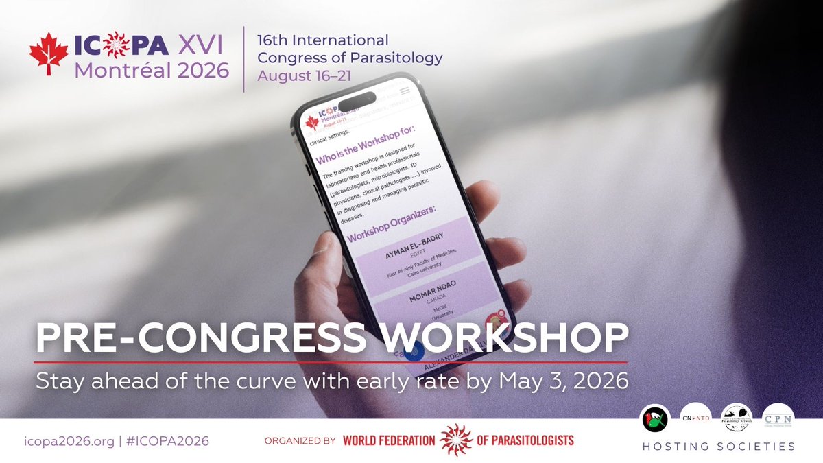ICOPA2026's tweet photo. An intensive pre-congress workshop on diagnosing parasites in human stool and blood - combining morphology, serology, and molecular tools with real-case discussion.

🔗 Register at the early rate before May 3, 2026: https://t.co/2XDEK4gvoq

#ICOPA2026 #Parasitology @WorldFedPara https://t.co/n2JKjvn1jw