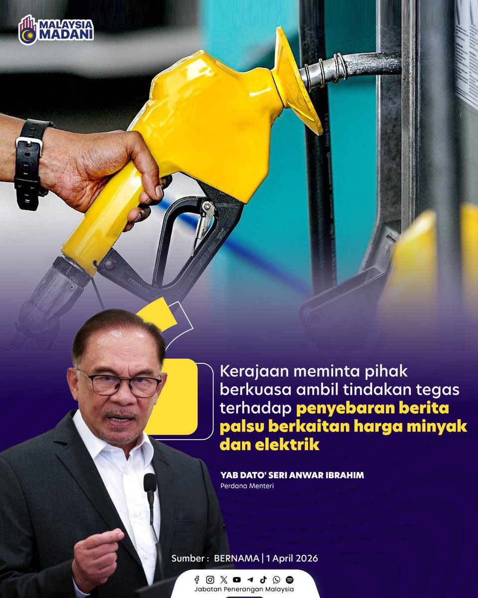 JPenerangan's tweet photo. Awas! Kerajaan kini menggerakkan PDRM dan MCMC untuk memburu penyebar berita palsu harga minyak serta elektrik, tindakan tegas dikenakan! 🚨🚫⚡️

#RancakkanMADANI
#MADANIBekerja
#TaatSetia
#JabatanPenerangan https://t.co/WBElNbiafc