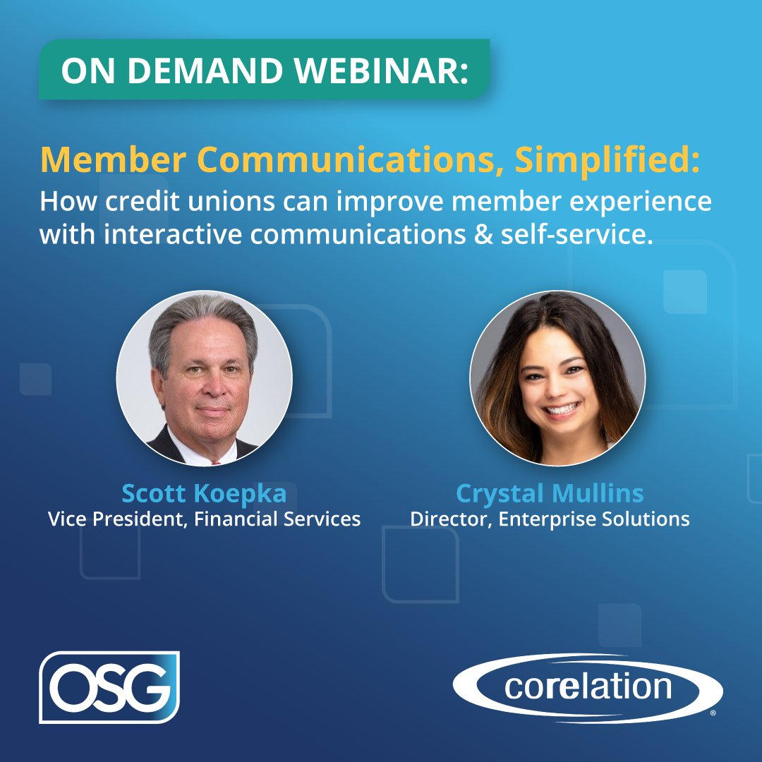 Missed our live webinar with Corelation? The replay is now on demand!

🎬 Scott Koepka &amp; Crystal Mullins share how to transform your Member Experience with Interactive &amp; Self-Service Communications.

osgconnect.com/member-communi…

#creditunions #memberexperience #ccm #cxm