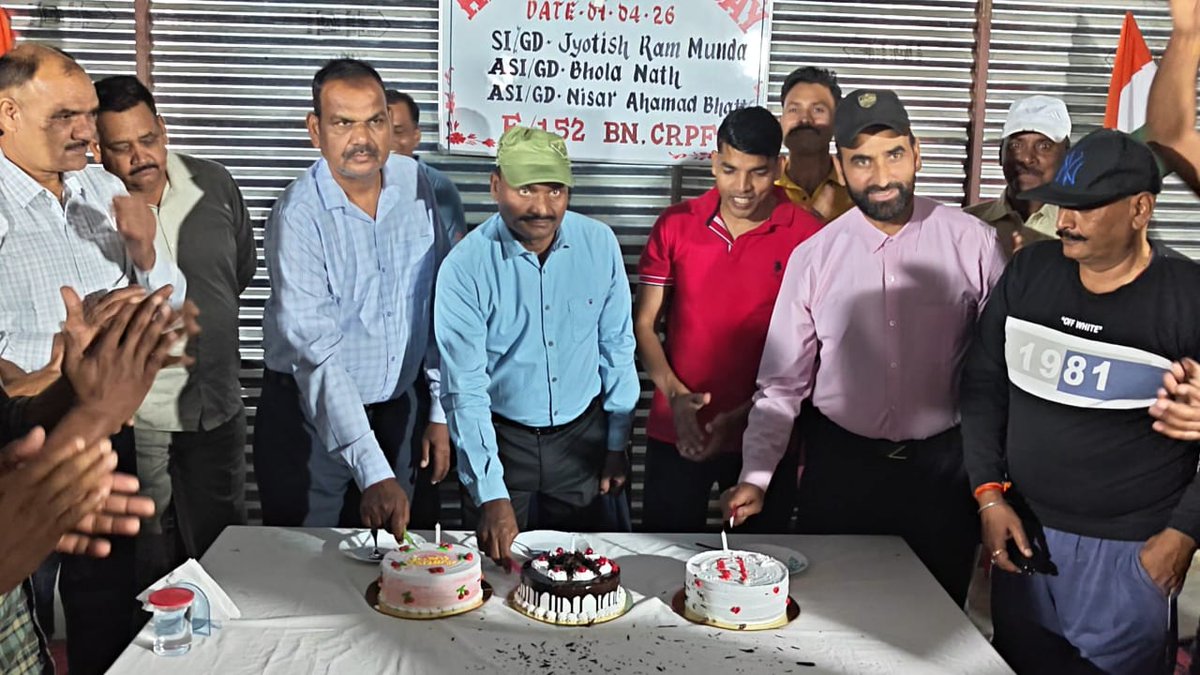 With blessings of respected CO Sir, birthday celebration organized by E/152 @ Kantosabal, Imphal West for SI/GD Jyotishram Munda, ASI/GD Bhola Nath, ASI Nisar Ahmed Bhat.

Occasion marked with cake cutting
Moments strengthen camaraderie, morale boosting,spirit of togetherness. 🇮🇳