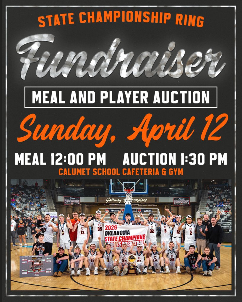 🏀 Help our Boys Basketball team get their rings! 🏀

Join us for a Meal &amp; Player Auction fundraiser to purchase State Championship Rings for our 2026 State Champs! 

📅 Sunday, April 12th
🍽️ Meal begins at 12:00 PM
🎤 Player Auction begins at 1:30 PM