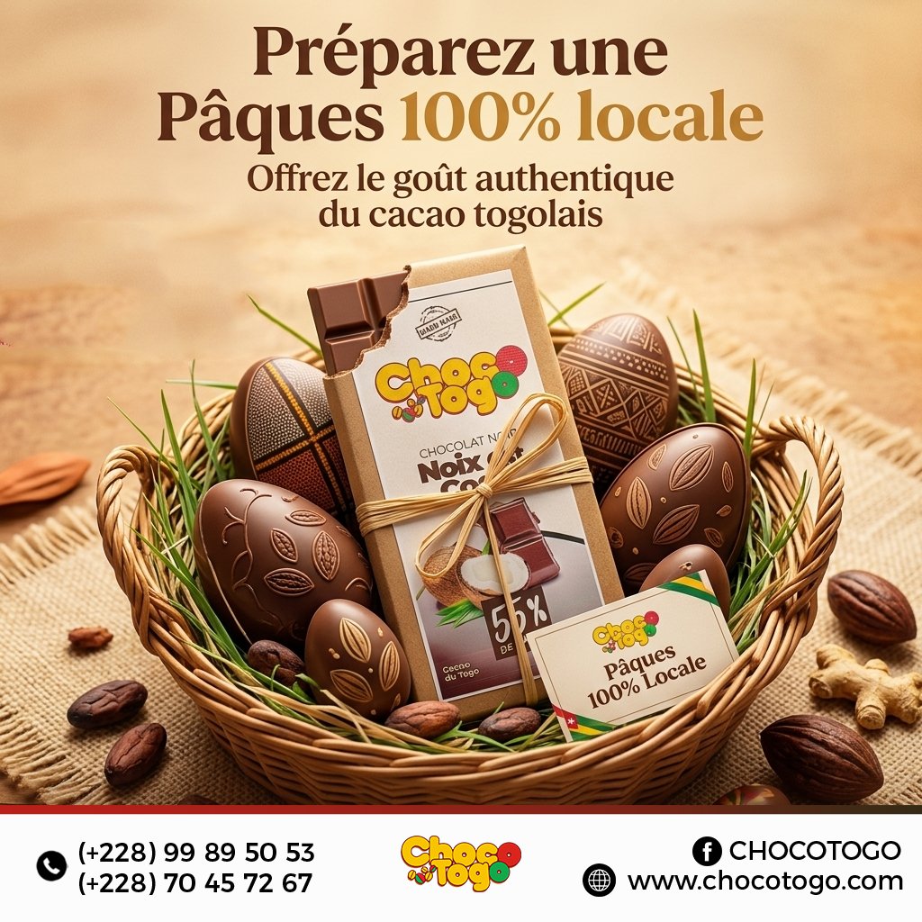 CChocotogo's tweet photo. 🐣 Cette année, célébrez Pâques autrement…

Et si vous faisiez le choix du 100% local ? 🇹🇬🍫

🎁 Paniers gourmands, chocolats artisanaux, saveurs uniques…

https://t.co/ArKy7mgMLN
https://t.co/OMUQWjCeQF

#ChocoTogo #Paques #MadeInTogo #ConsommonsLocal #Chocolat https://t.co/2KBaIPt0D2