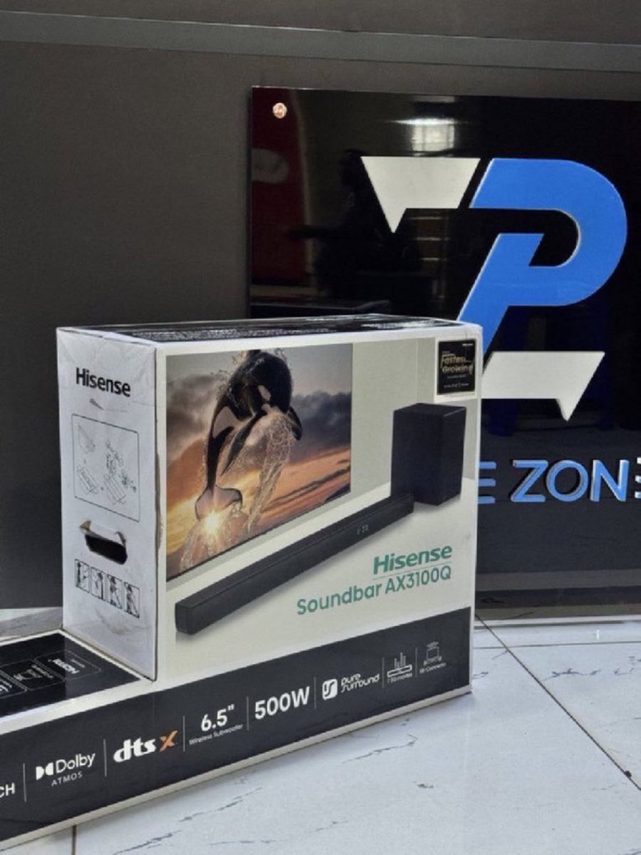 PhoneZoneKe's tweet photo. Hisense AX3100Q Soundbar with Dolby Atmos

 Kshs 22,000

•3.1 channel system with dedicated center speaker for clear dialogue
•Dolby Atmos & DTS:X support for immersive 3D audio
•540W total power output for room-filling sound
•6.5″ wireless subwoofer for deep, punchy bass
•Bluetooth 5.3, HDMI eARC, Optical, AUX, and USB connectivity
•EzPlay for simplified control with Hisense TVs
•Multiple sound modes: Movie, Music, News, Night, Game, and AI EQ
•Wall-mountable design with included mounting kit
