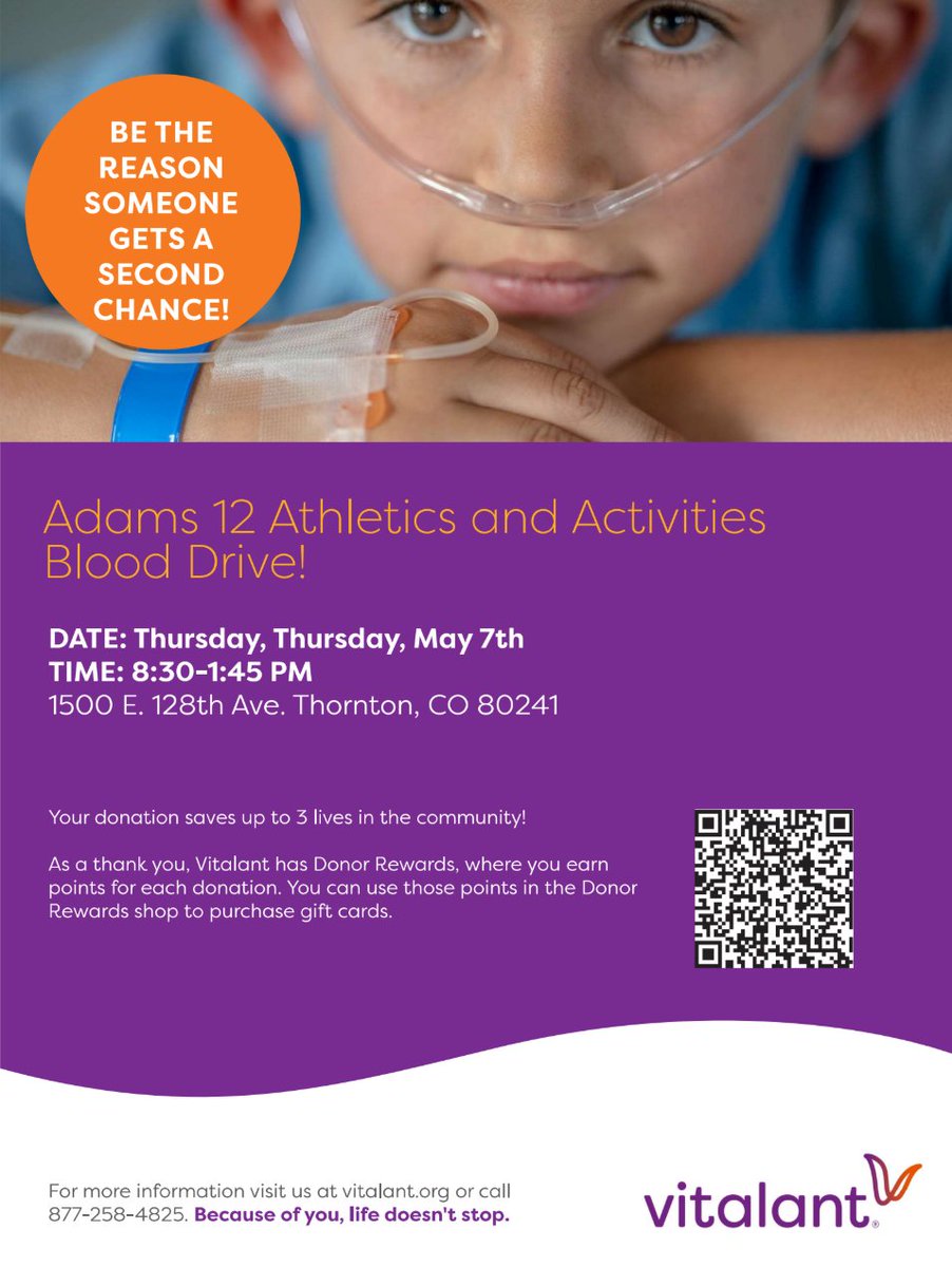 5StarActivities's tweet photo. ❤️Adams 12 Athletics &amp; Activities Blood Drive❤️

Thursday, May 7th
8:30 am - 1:45 pm

Adams 12 Five Star Schools
Miners Creek Conference Room (Training Center)
1500 E. 128th Avenue Thornton, CO 80241

See attached flyer for more information!

Sign Up🔗https://t.co/w0ImCFy8pp https://t.co/Z7NCo1L1pi