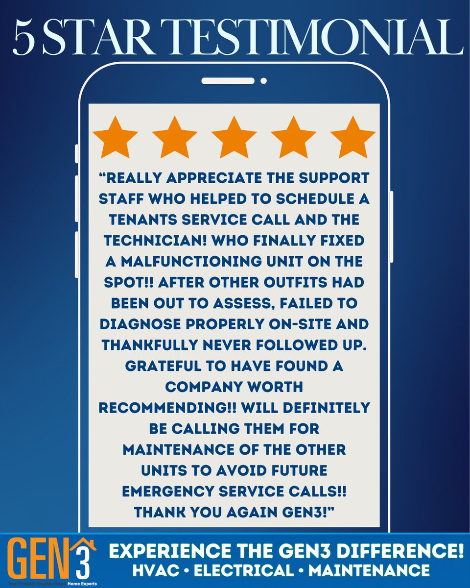Gen3Electric's tweet image. ⭐⭐⭐⭐⭐
“Fixed on the spot when others couldn’t.”
That’s the GEN3 difference ⚡
Reliable HVAC &amp;amp; electrical service done right the first time.

#GEN3 #HVAC #Electrical #5StarService