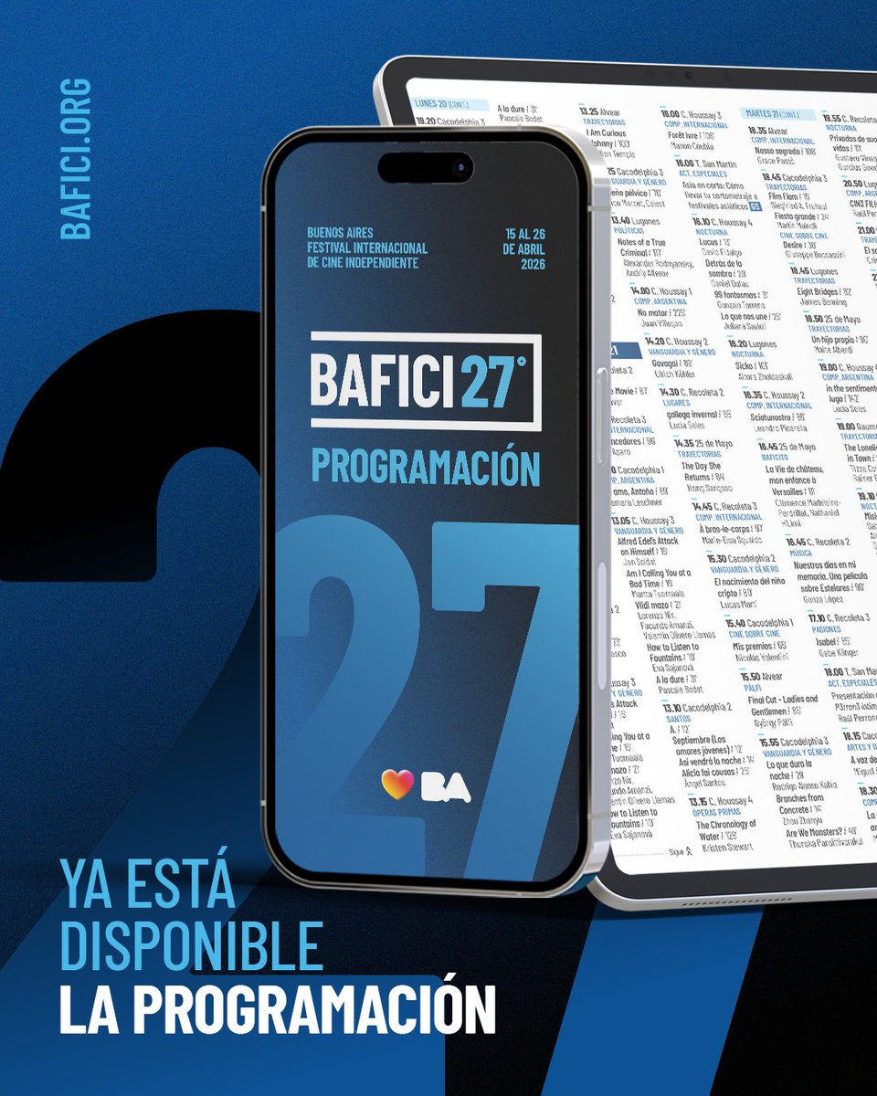 FestivalesGCBA's tweet photo. Ya se encuentra disponible la programación del Bafici

Del 15 al 26 de abril, llega la 27° edición del Buenos Aires Festival Internacional de Cine Independiente. https://t.co/SEPjMC0Edn