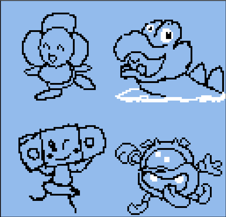 Sometimes I true to sketch out a design first before jumping head first into drawing it
Some random sketch outline of some characters

(Red Virus was both half sketch half done manually)