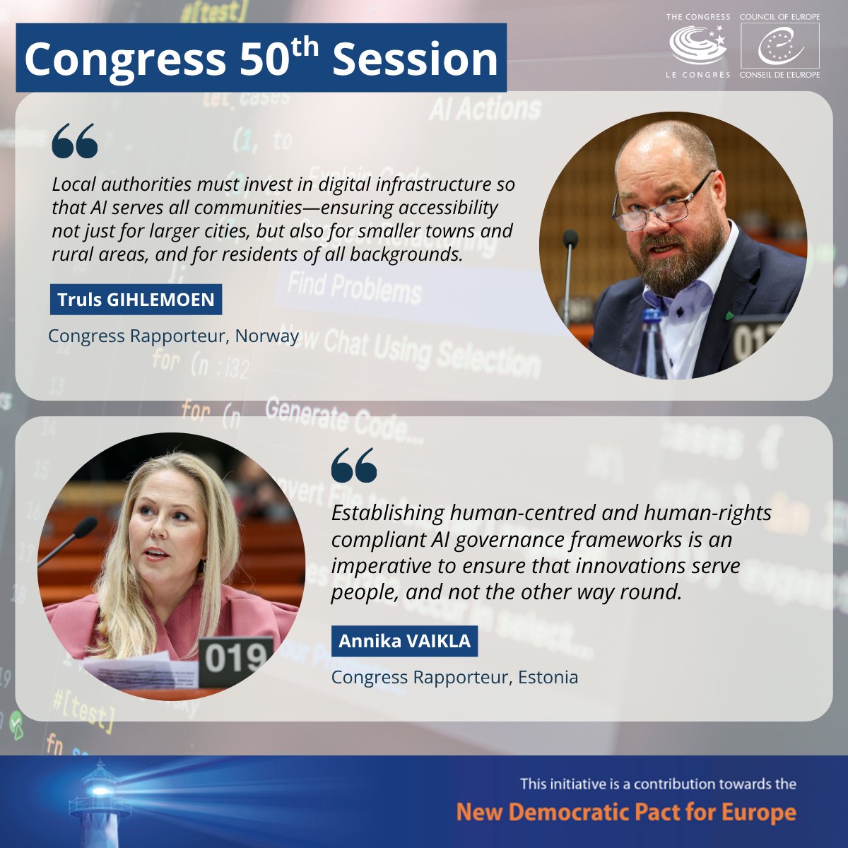 🗣️ <a href="/TrulsGihlemoen/">Truls Gihlemoen</a> and Annika Vaikla on ‘Strengthening the capacities of local and regional authorities in the use of artificial intelligence’ at the <a href="/COECongress/">Congress of Local and Regional Authorities</a> #50thSession.

Join us live 🎥 go.coe.int/m8JgZ

Explore the agenda ➡️ go.coe.int/h56XJ

<a href="/coe/">Council of Europe</a> #Pact