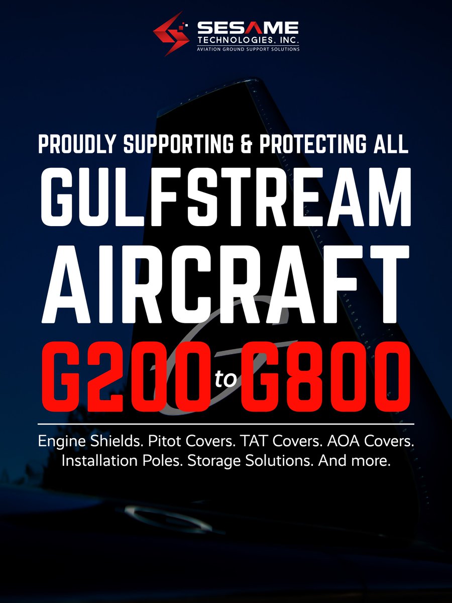 SesameTechInc's tweet photo. Sesame is proud to offer protection solutions and ground support equipment for all Gulfstream aircraft from the G200 to the G800, including avionics covers, engine shields, installation tools, and storage solutions.

#BusinessAviation #AircraftProtection #GSE https://t.co/oWFRW2691g