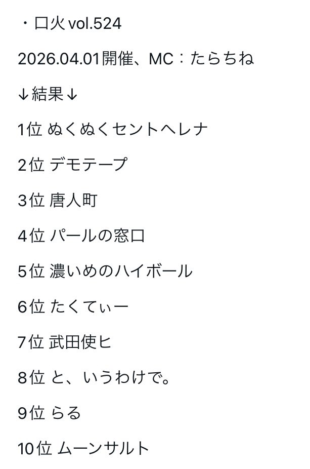 gakuyasode's tweet photo. 楽屋Aオーディションバトルライブ
口火vol.524

1位はぬくぬくセントヘレナさん

5/6・5/7のアンダー・口火入替バトル進出です

順位
https://t.co/Vdp35xM30v

配信購入4/15まで
https://t.co/y5tnv2IxmZ

次回4/2開催
https://t.co/O1IDzb0InN https://t.co/79tJkkd34e