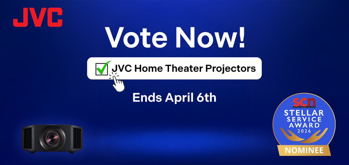 JVC_USA's tweet image. We’re excited to share that @JVC_USA Home Theater Projectors has been nominated for @SCN_mag’s Stellar Award in the Best Value-Added Services category! 🎉
 
Help us bring this award home. Ends April 6th. bit.ly/3PMXaRy

#JVC #JVCProjectors #SCN #HomeTheater