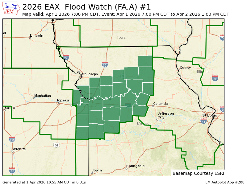 EAX issues Flood Watch valid at Apr 1, 7:00 PM CDT till Apr 2, 1:00 PM CDT mesonet.agron.iastate.edu/vtec/f/2026-O-…