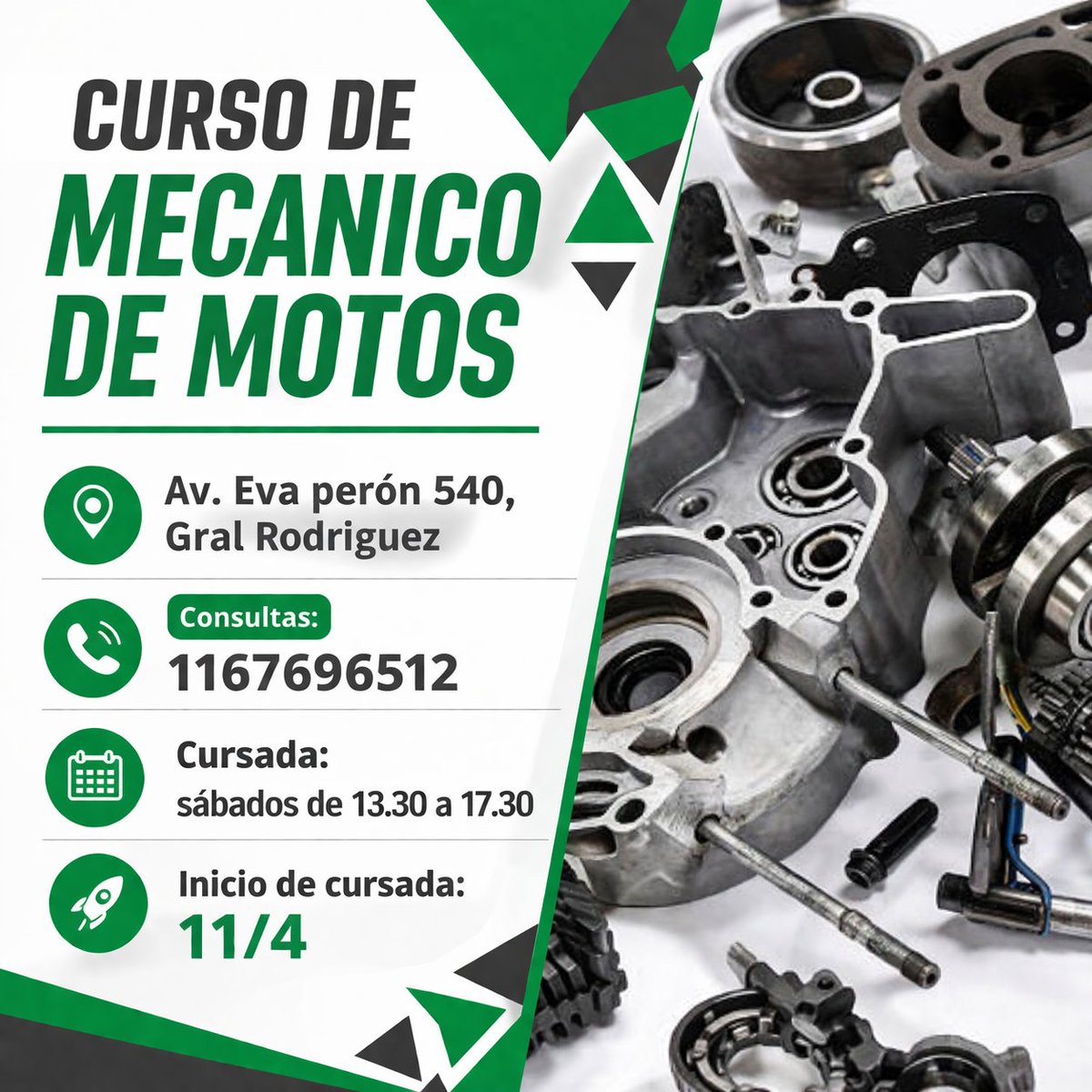 👨🏻‍🏫👨🏻‍🔧 CURSOS DE FORMACIÓN PROFESIONAL

🏍️𝐂𝐔𝐑𝐒𝐎 𝐃𝐄 𝐌𝐄𝐂𝐀́𝐍𝐈𝐂𝐎/𝐀 𝐃𝐄 𝐌𝐎𝐓𝐎𝐒🏍️
➡ ️ Convenio entre el Smata, Yamaha y el Municipio de Gral. Rodríguez

📍   Av. Eva perón 540, Gral. Rodríguez
📲  Consultas: 1167696512

🕔 Cursada: sábados de 13.30 a 17.30
🗓️