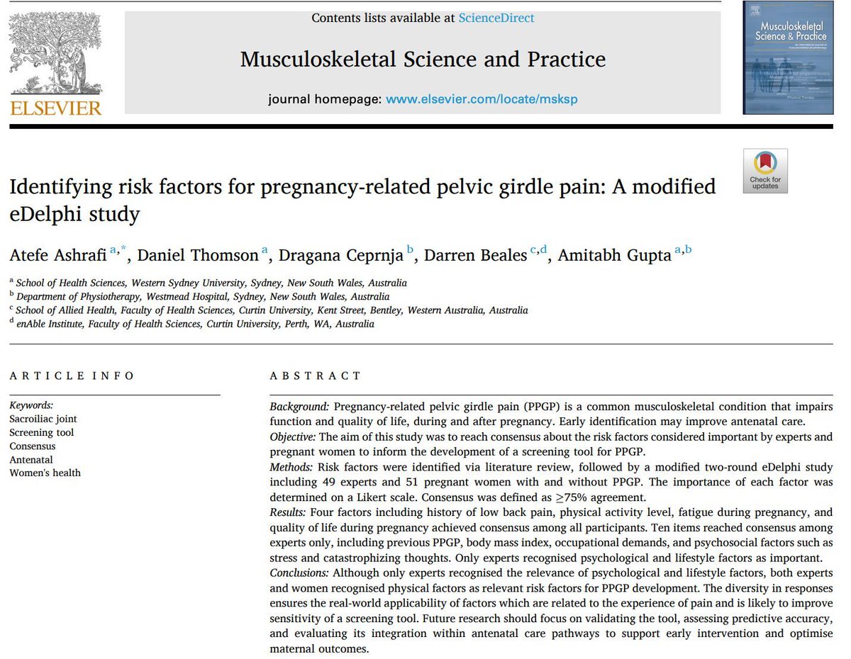 MSKPhysioJnl's tweet image. What drives pregnancy-related pelvic girdle pain? 🤔
This eDelphi study buff.ly/v6JEaSg identifies key risk factors to support early screening and care.
#WomensHealth #PelvicPain #Physiotherapy #MSK