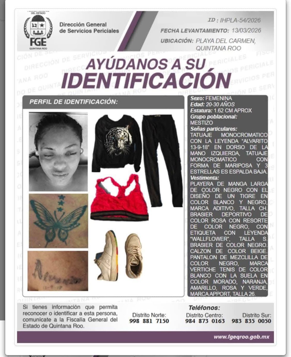 rca761's tweet photo. PLAYA DEL CARMEN, QUINTANA ROO 

AYUDA A IDENTIFICARLA

Una joven fue localizada sin vida en Playa del Carmen, Quintana Roo, y hasta ahora no ha podido ser identificada.

Datos relevantes:
• Mujer de entre 20 y 30 años
• Estatura aproximada 1.62 m
• Tatuaje de mariposa con tres estrellas en la espalda baja
• Tatuaje con la leyenda “Alvarito 13-9-18” en el dorso de la mano izquierda

Si tienes información que ayude a identificarla, comunícate con la 
#fiscaliageneraldelestadodequintanaroo