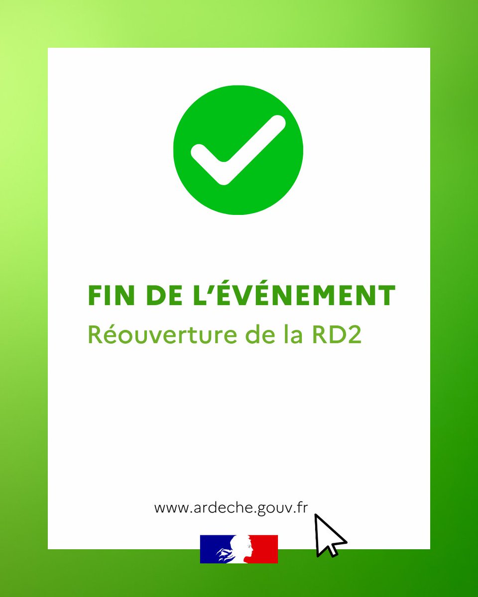 Image de Préfet de l'Ardèche : #InfoTrafic 🚧 | Réouverture de la RD 2 entre Privas et Les Ollières.