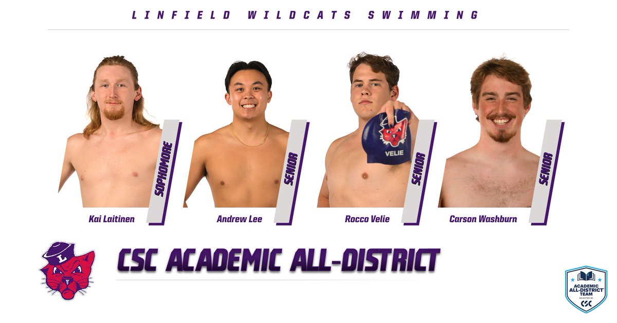 LinfieldSwim's tweet photo. Big shoutout to our CSC Academic All-District swimmers! 

Congrats to Kai Laitinen, Andrew Lee, Rocco Velie, and Carson Washburn for their hard work in and out of the pool! 

#RollCats | #d3swim | #NWCswim https://t.co/7R9J1sdkx8