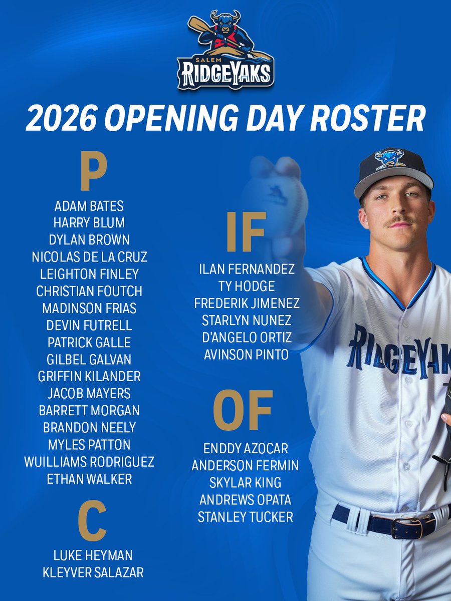 You're 2026 Salem RidgeYaks Opening Day Roster is here! 

More Information: atmilb.com/4vmEFE3
