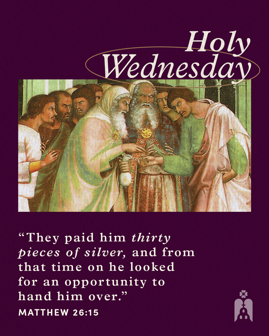 lacatholics's tweet image. 30 pieces of silver and the passion of Christ is set into motion. The chief priests paid Judas, but Jesus paid the ultimate sacrifice — for the salvation of all, even those who betrayed him. 

#HolyWednesday: Reflect on when you've turned your back on Jesus. Ask for forgiveness.
