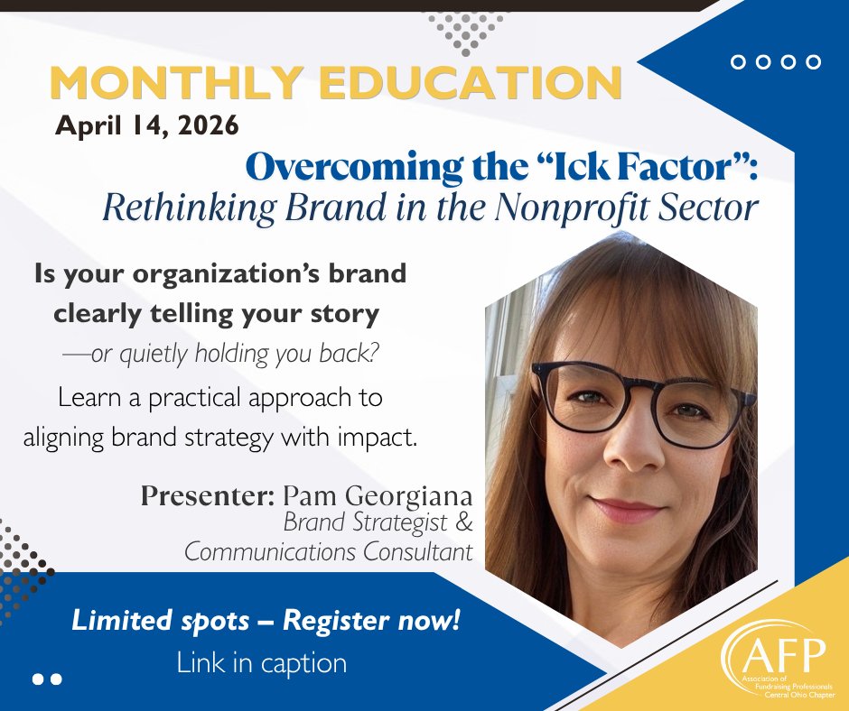✨Reserve your spot for April's Education Event
Register by April 10 👉 ow.ly/KnHQ50YBqEx
📅 April 14, 2026 | 11:30am - 1:15pm
📍 Girl Scouts of Ohio's Heartland Council
🎙️ Presenter: Pam Georgiana 
🎟️ Members $20 | Guests $35
 #NonprofitEducation#CentralOhioAFP