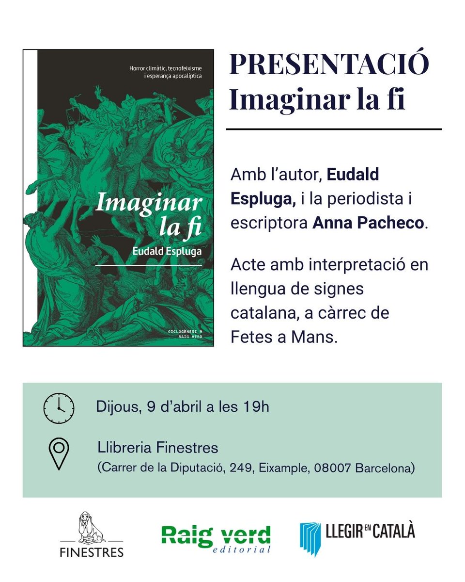 Raig_Verd's tweet photo. 💥 RESERVA'T LA DATA!

👉 Eudald Espluga fará la presentació d'IMAGINAR LA FI a la Llibreria Finestres (@Ll_Finestres) amb Anna Pacheco (@annapacheco__)

📅 El 9 d'abril, a les 19h https://t.co/KF80AN3hvm
