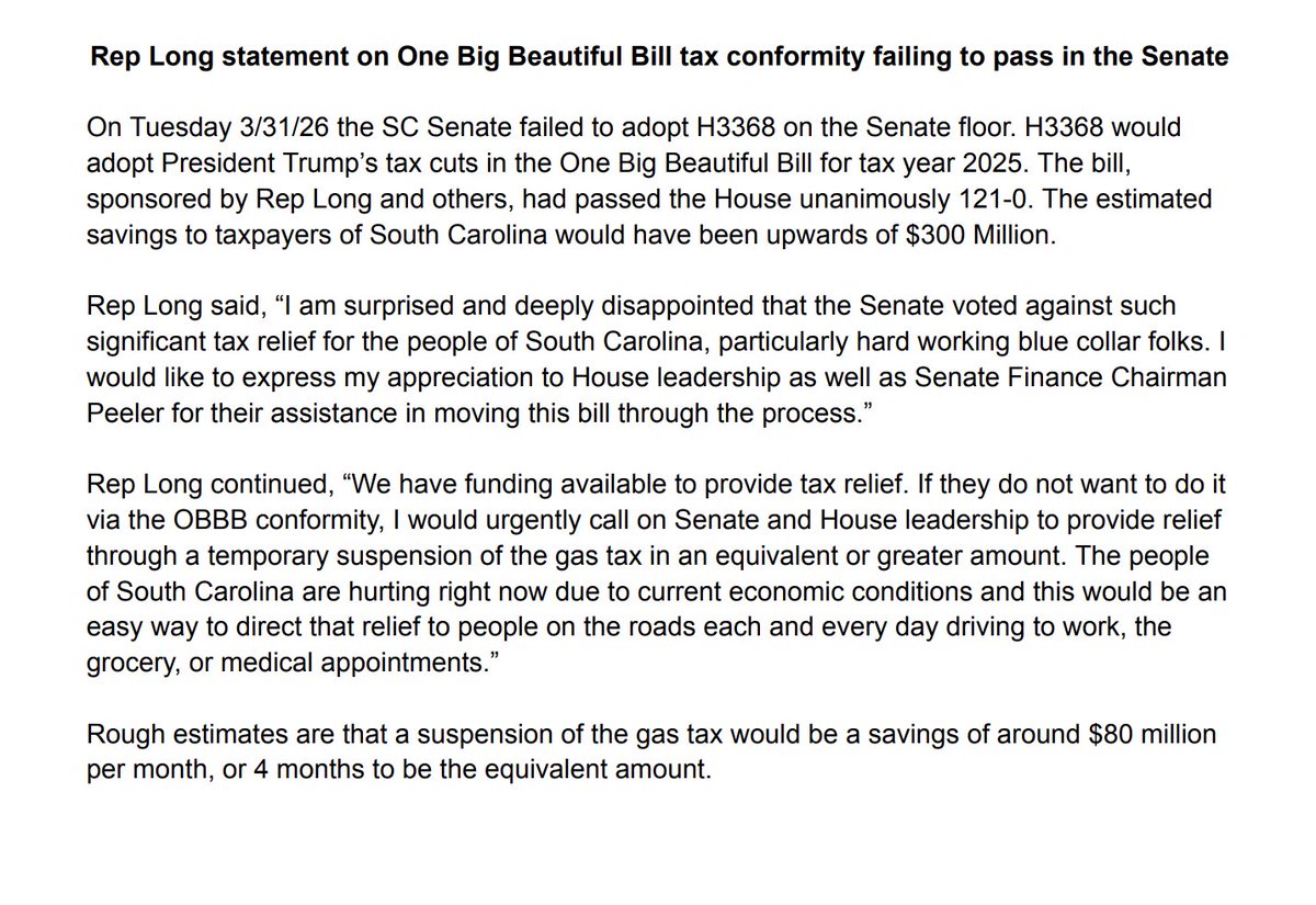 StevenLongSC's tweet photo. Rep Long statement on One Big Beautiful Bill tax conformity failing to pass in the Senate https://t.co/h8PoTri7up