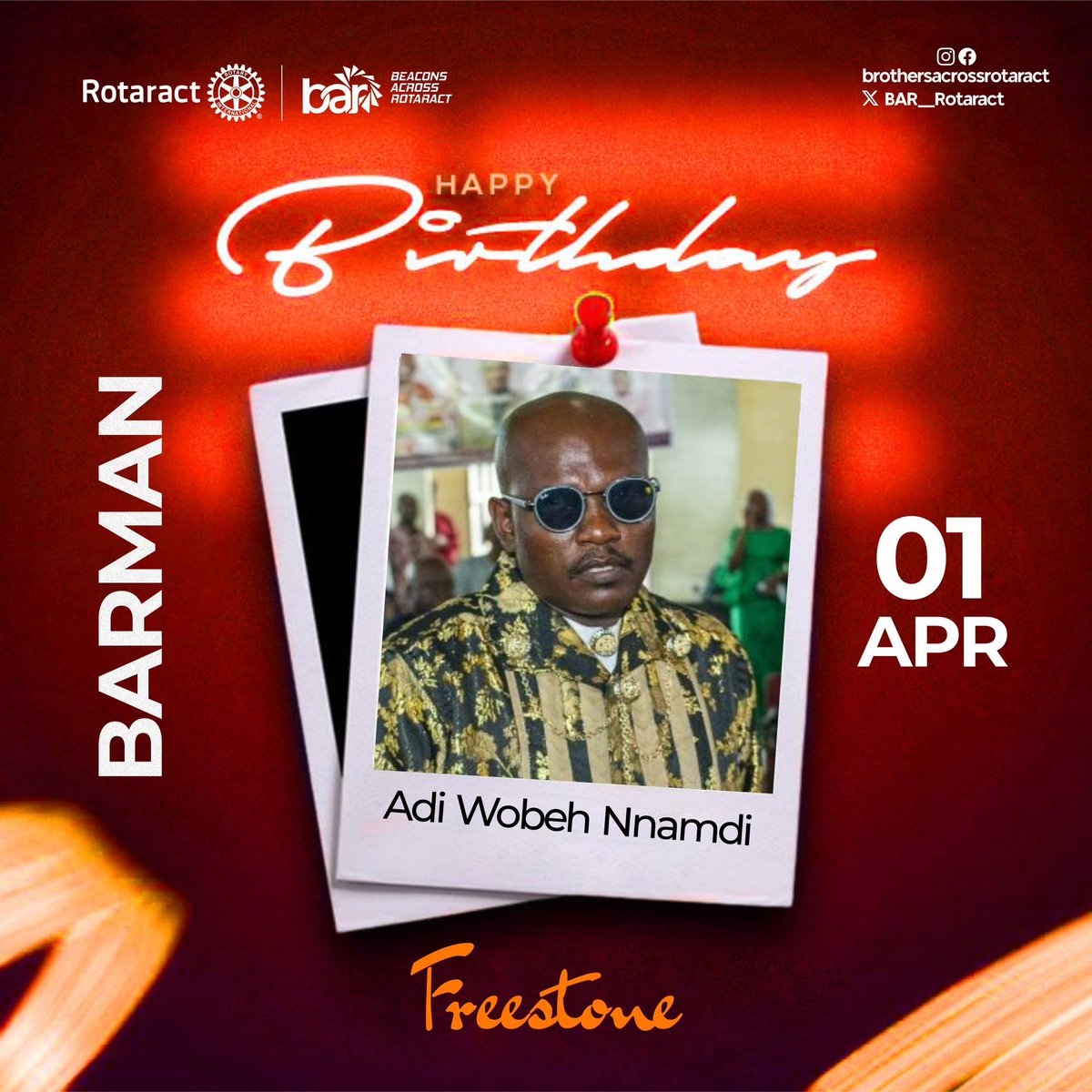BAR_Rotaract's tweet photo. Happy BARDay Brother

Dear Nnamdi

We celebrate you on your special day and wish you bountiful joy this new year!

May God grant you your heart desires and make you a better person

Best wishes from all of us at BAR!

We Cherish you! https://t.co/lW7w26k13l