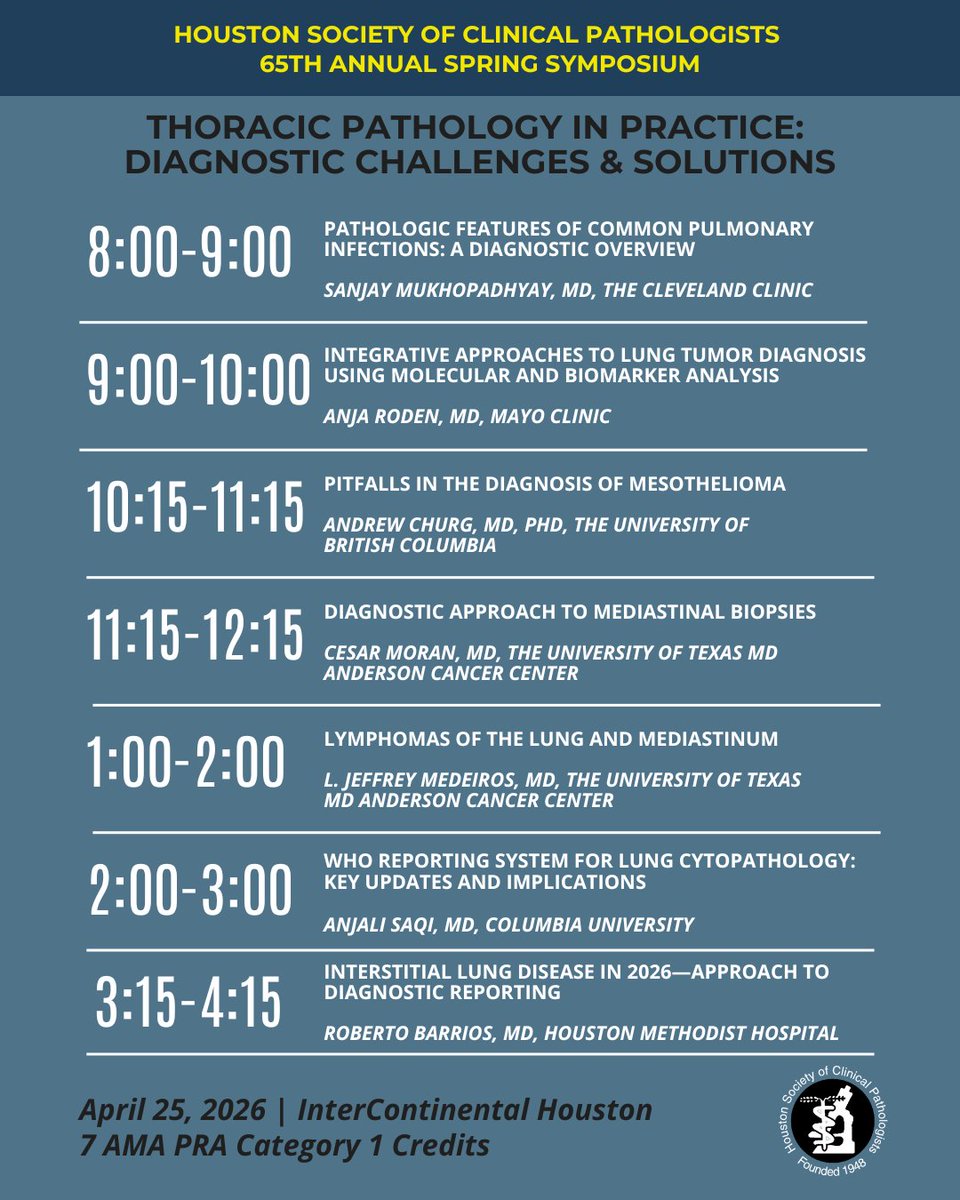 HouPathSoc's tweet photo. Last day for early bird pricing for the Spring Symposium! 🚨 Please join us for a wonderful program in Houston. Focused on real-world diagnostic challenges in thoracic pathology, with practical, case-based discussion. 

Register here: https://t.co/OgC97sQQjJ https://t.co/zi6beKYjew
