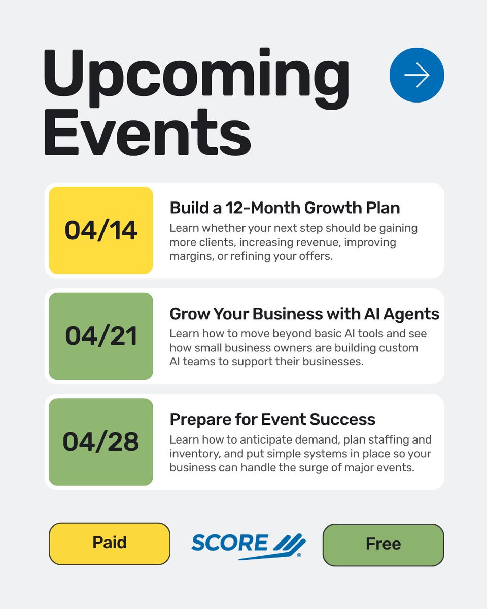 SCOREMentors's tweet photo. APRIL WEBINAR SCHEDULE — Swipe through to learn more about this month’s sessions. 👉

We hope you enjoy this month’s line up and look forward to seeing you at an upcoming event! https://t.co/FbCgjNo4fQ