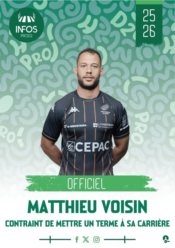 InfosProd2's tweet photo. OFFICIEL : 𝗠𝗮𝘁𝘁𝗵𝗶𝗲𝘂 𝗩𝗼𝗶𝘀𝗶𝗻 (3ème ligne - Provence Rugby) 𝗰𝗼𝗻𝘁𝗿𝗮𝗶𝗻𝘁 𝗱𝗲 𝗺𝗲𝘁𝘁𝗿𝗲 𝘂𝗻 𝘁𝗲𝗿𝗺𝗲 𝗮̀ 𝘀𝗮 𝗰𝗮𝗿𝗿𝗶𝗲̀𝗿𝗲

https://t.co/WzBqHnvSR0 https://t.co/SPDsR0NWUG