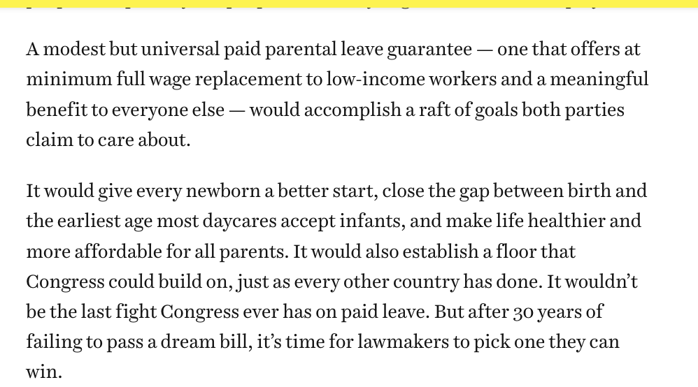rcobooth's tweet photo. NEW: Paid parental leave at the federal level is more within reach than most people realize. It's bipartisan, popular, and relatively cheap. Nearly every other country offers it as a standalone benefit — not bundled with sick leave and caregiving the way the U.S. keeps trying to do.

That all-in-one approach has been failing in Congress for 30+ years. Even where it's passed in blue states, too many parents are left out because it doesn't replace enough income and requires a recent work history to qualify.

Families across the country need this now. Democrats in particular need to let go of the idea that they only get one "bite at the apple" at passing leave. My story looks at the growing number of people saying this out loud.

I'm very conscious to be sharing this reporting two weeks into my son's life, on my own paid parental leave. (Thanks to @vox_union + @voxdotcom.) But only about one in four private-sector workers like me has access to this, and among the lowest-wage workers, virtually none do. We can change this.

Gift link: https://t.co/TrMpYo7Vjb