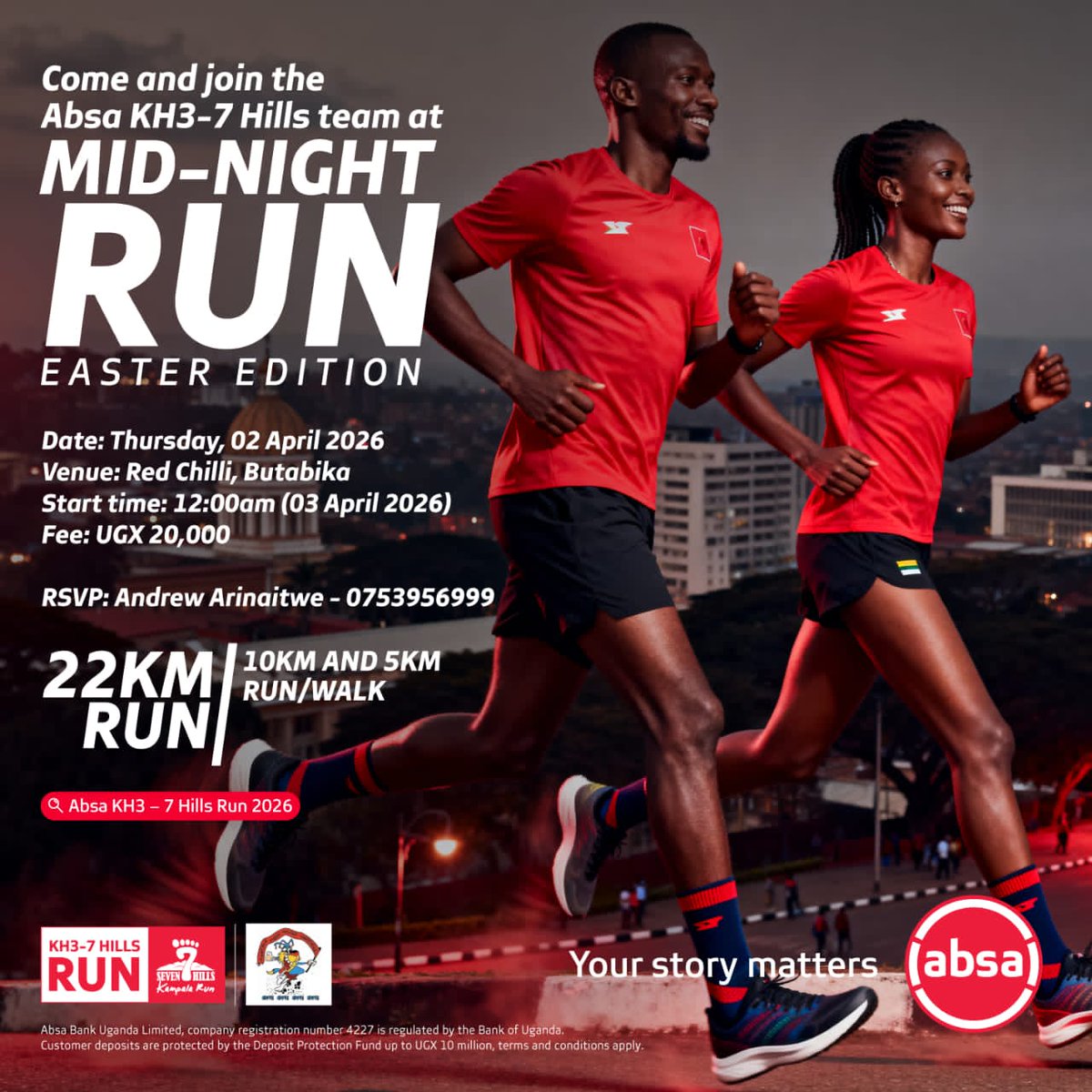 mutungomadbus's tweet photo. Are you getting ready for the @Kh3Kampala  #7HillsRun? 
This is the training you don’t want to miss. 🔥
Join us in the hills of #Mutungo this Thursday night into Friday morning for some serious hill work at the #MidNightRun
Big thanks to @AbsaUganda for powering this session👏👏 https://t.co/7rNTmGNv4z