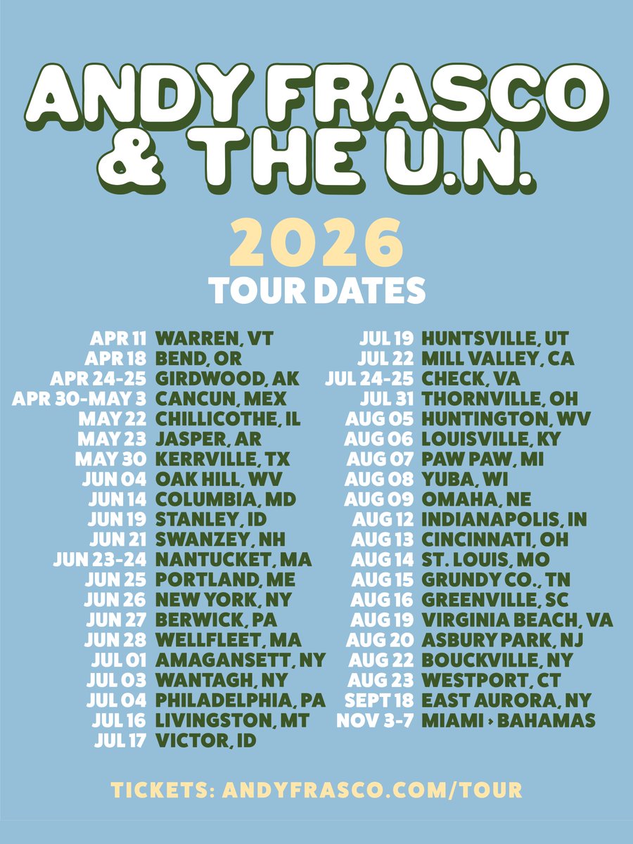 andyfrasco's tweet photo. Well well well.. if it isn’t more tour dates. Sign up for presale access 💜 https://t.co/vxfezshSnX

Just Announced:
Jun 23-24 • Nantucket, MA - The Chicken Box
Jun 25 • Portland, ME - Bayside Bowl
Jun 26 • New York, NY - Rocks Off Concert Cruise
Jun 27 • Berwick, PA - Hog's Hollow Saloon
Jun 28 • Wellfleet, MA - Beachcomber
Jul 1 • Amagansett, NY - The Stephen Talkhouse
Jul 3 • Wantagh, NY - Mulcahy's
Jul 16 • Livingston, MT - Pine Creek Lodge
Jul 17 • Victor, ID - Knotty Pine Supper Club
Jul 19 • Huntsville, UT - Snowbasin Resort
Jul 22 • Mill Valley, CA - The Junction Beer Garden
Aug 5 • Huntington, WV - The Loud
Aug 6 • Louisville, KY - Headliners

Presale: Thursday 4/2 10a-10p
Onsale: Friday 4/3 @ 10a local

📸 Natalie Watson
🎨 Adam Carstens