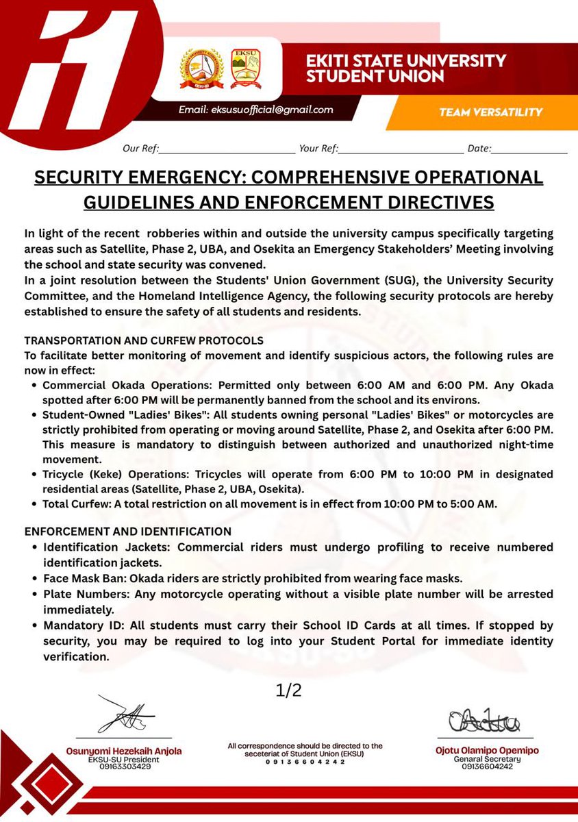 ekititrends's tweet photo. EKSU Robbery Incidents: Authorities have imposed a 10:00 PM–5:00 AM curfew, with enforcement in the school area.

To facilitate better monitoring of movement and identify suspicious actors, the following rules are now in effect:

• Commercial Okada Operations: Permitted only between 6:00 AM and 6:00 PM. Any Okada spotted after 6:00 PM will be permanently banned from the school and its environs.

• Student-Owned "Ladies' Bikes": All students owning personal "Ladies' Bikes" or motorcycles are strictly prohibited from operating or moving around Satellite, Phase 2, and Osekita after 6:00 PM. This measure is mandatory to distinguish between authorized and unauthorized night-time movement.

• Tricycle (Keke) Operations: Tricycles will operate from 6:00 PM to 10:00 PM in designated residential areas (Satellite, Phase 2, UBA, Osekita).

• Total Curfew: A total restriction on all movement is in effect from 10:00 PM to 5:00 AM.