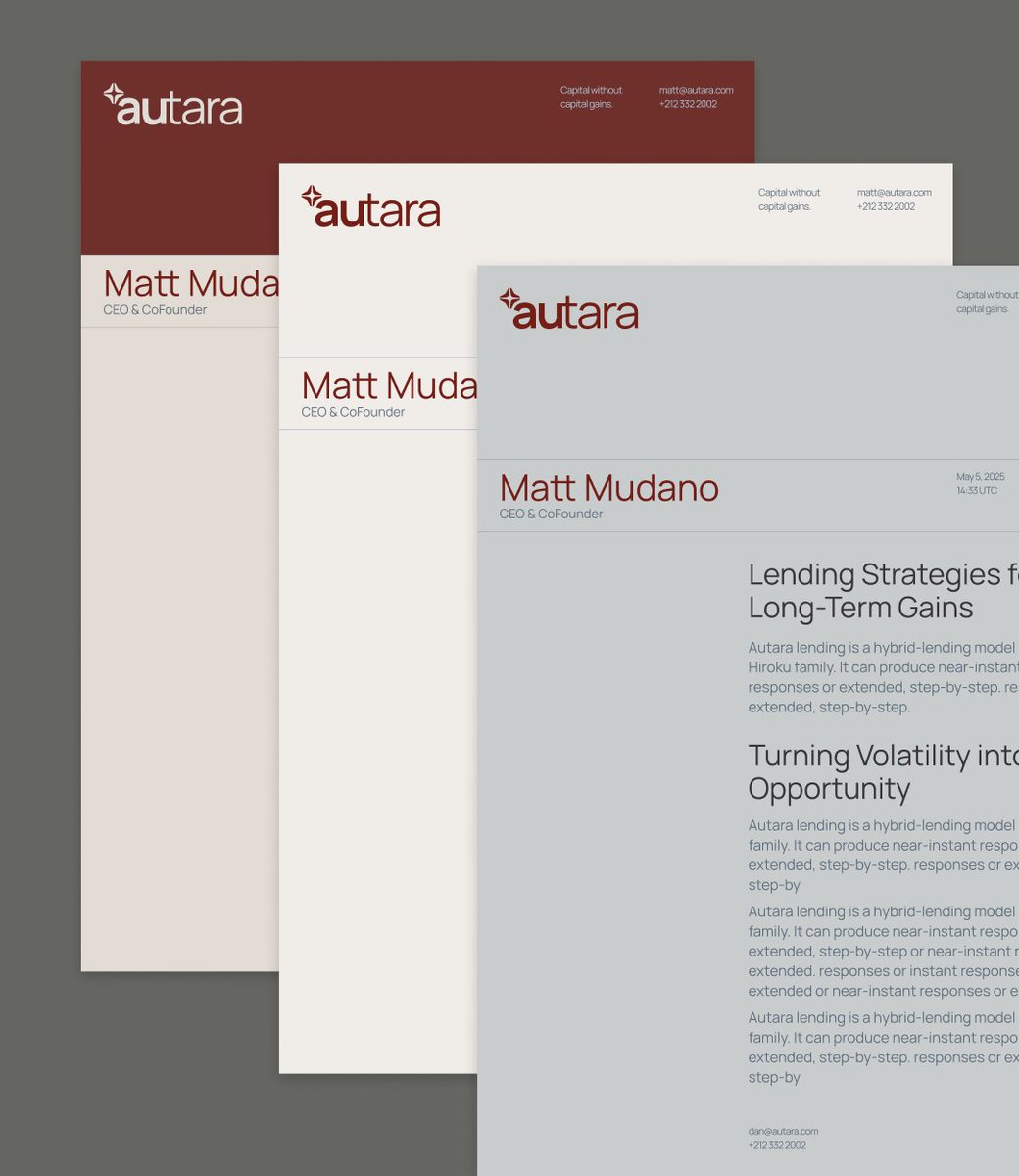 stu_part's tweet photo. Brand identity for Autara.
Deep burgundy, ethereal star-esque brandmark, serif headlines, stationery that feels like a private wealth firm. 
When the product is liquidity without selling, the brand should feel like patience rewarded. https://t.co/FjR9hvWINJ