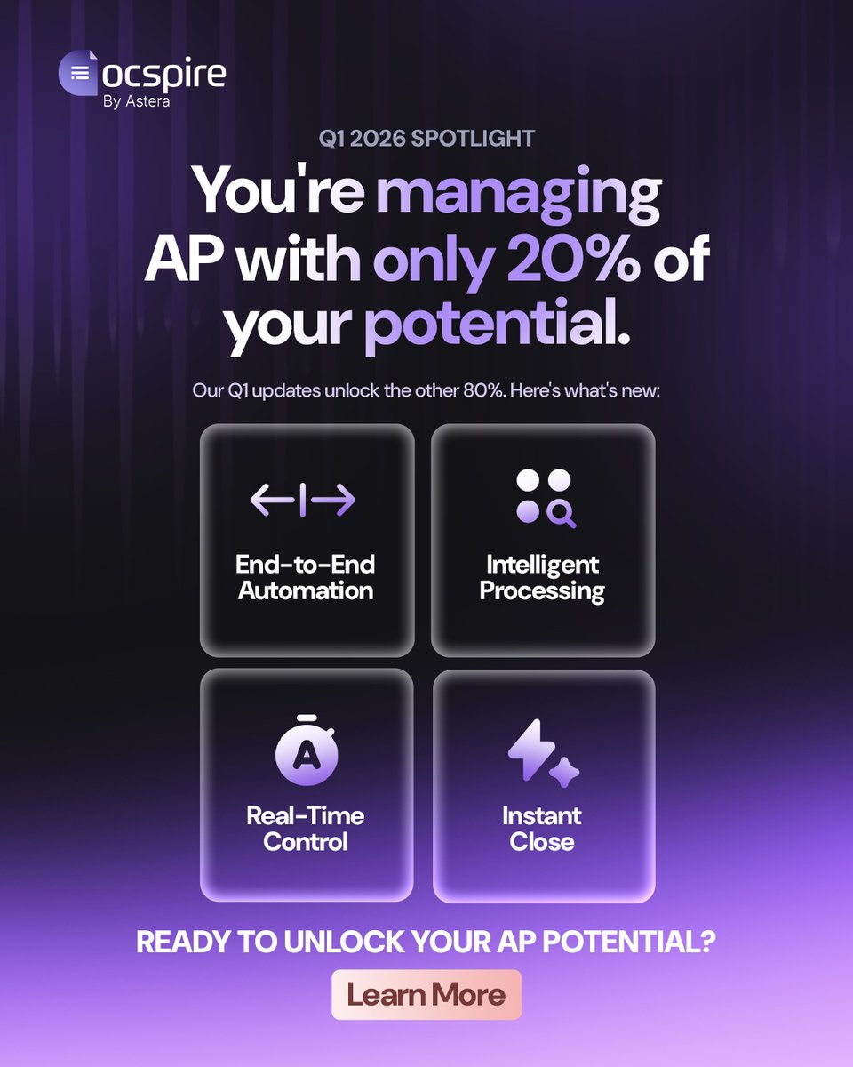 DocspireAI's tweet photo. Most AP teams are working hard.
Very few are working end-to-end.

@DocspireAI 1 2026 Spotlight brings together intelligent processing, real-time control, instant close, and full workflow automation, 𝒊𝒏 𝒐𝒏𝒆 𝒄𝒐𝒏𝒏𝒆𝒄𝒕𝒆𝒅 𝑨𝑷 𝒔𝒚𝒔𝒕𝒆𝒎.

From invoice intake to reconciliation, built for scale and visibility.

Ready to unlock the full 100%? Explore Docspire: https://t.co/aJOE9NTOsw

#Docspire #AccountsPayable #APAutomation #FinanceOps