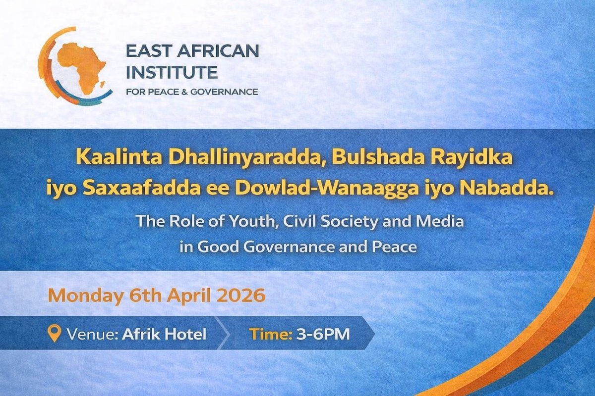 Don’t miss out on our upcoming debate on 

“The Role of Youth, Civil Society and Media in Good Governance and Peace”  which will be held in #Mogadishu at #AfrikHotel on Monday 6th of April 2026. 

Join us!
