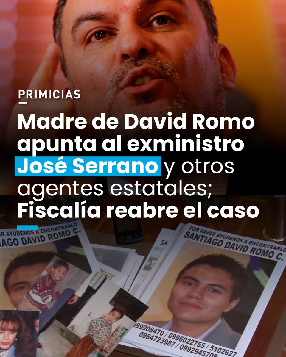 La Fiscalía reabre el caso de David Romo, luego de casi 13 años de la desaparición del joven. Esta causa se deriva de una denuncia de la madre de la víctima que apunta al exministro José Serrano y otros agentes estatales. prim.ec/GmWx50YBRMT