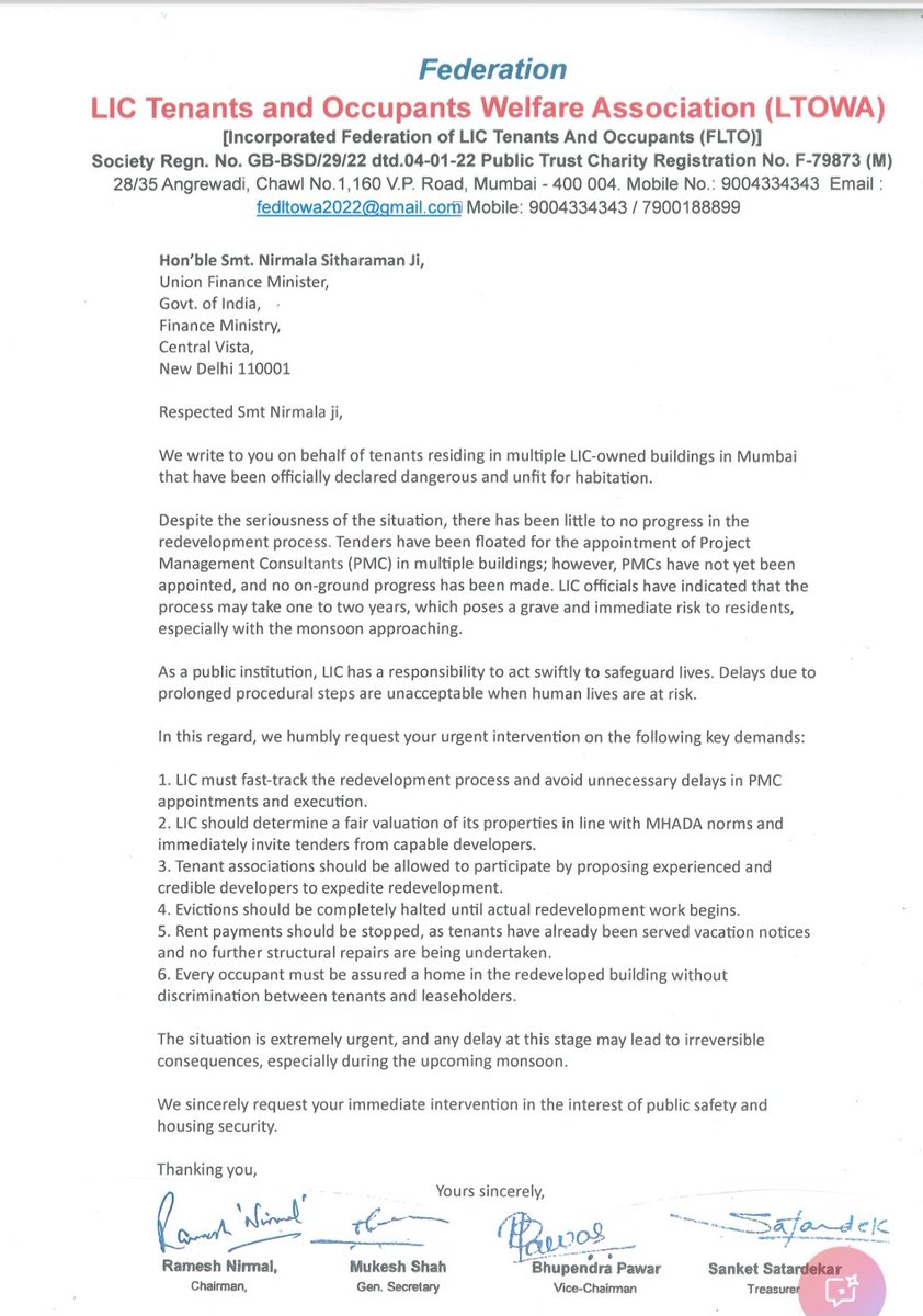 <a href="/nsitharaman/">Nirmala Sitharaman</a> <a href="/FinMinIndia/">Ministry of Finance</a> <a href="/PMOIndia/">PMO India</a> <a href="/narendramodi/">Narendra Modi</a> <a href="/AmitShah/">Amit Shah</a> <a href="/PiyushGoyal/">Piyush Goyal</a> <a href="/AGSawant/">Arvind Sawant</a> <a href="/AUThackeray/">Aaditya Thackeray</a> <a href="/MPLodha/">Mangal Prabhat Lodha</a> <a href="/CMOMaharashtra/">CMO Maharashtra</a> <a href="/LICIndiaForever/">LIC India Forever</a> V write 2 u on behalf of tenants residing in multiple  LIC bldgs in Mumbai dat hve been officially declared dangerous &amp; unfit . PFA details
