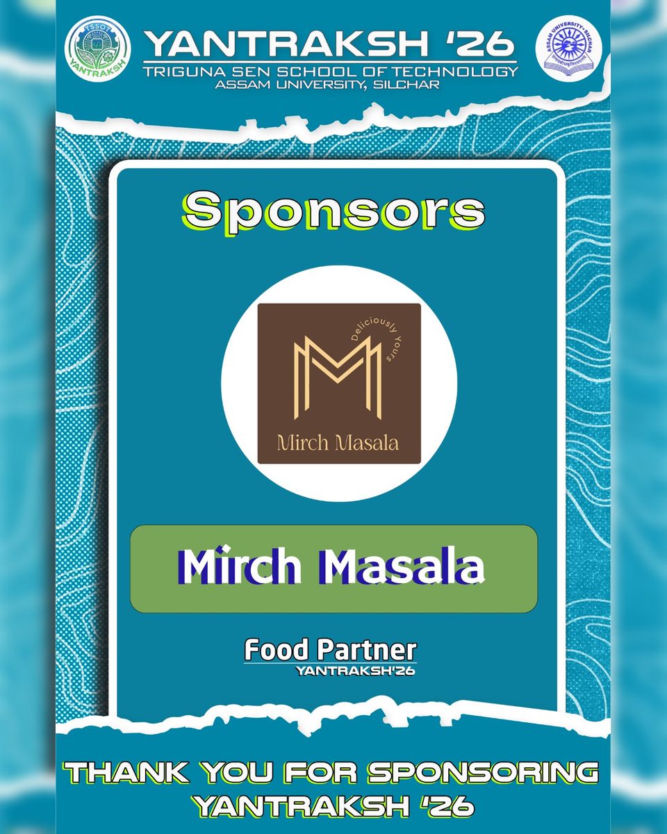 yantrakshTSSOT's tweet photo. We are excited to announce Mirch Masala as our official Food Partner for Yantraksh โ26. Known for serving up flavors that leave a lasting impression, Mirch Masala is joining us to ensure it!
โ#Yantraksh26 #AssamUniversity #MirchMasala #FoodPartner #FuelForInnovation https://t.co/KrNZeK5CKc