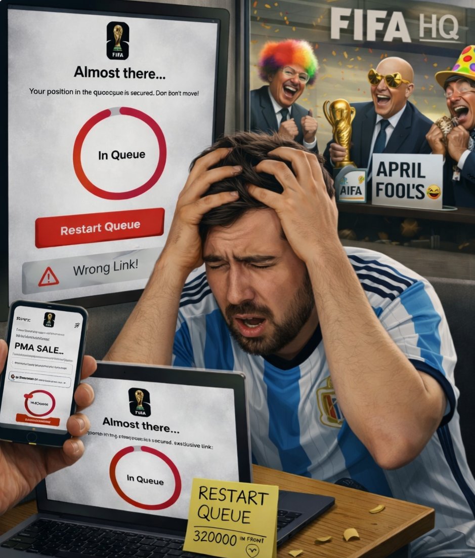 jpinedaa's tweet photo. Holy fuck! FIFA really said: let’s celebrate April Fool’s by emailing fans the wrong ticket link and making them restart the queue. PMA sales instead of the last-minute phase. Absolute comedy, unless you’re the one stuck in it @fifacom #FIFATickets #AprilFools #FIFA @FIFAWorldCup https://t.co/a9ajJNVPui