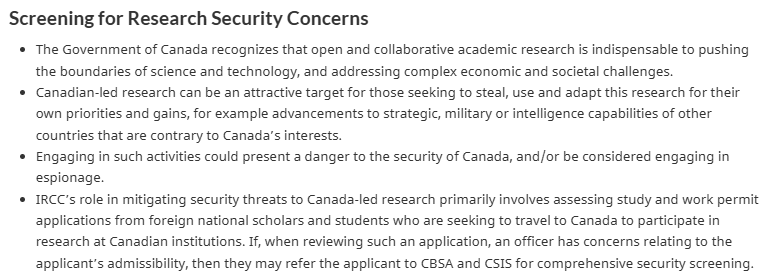 smeurrens's tweet photo. IRCC's role in mitigating security threats to Canada-led research primarily involves assessing study permit and work permit applications from foreign national scholars and students who are seeking to travel to Canada to particpate in research at Canadian institutions. If, when reviewing such an application, an officer has concerns relating to the applicant's admissibility, then they may refer the applicant to CBSA and CSIS for comprehensive security screening. 

As a result of the Federal Court’s decision in Li, this can include situations where an individual does not intend to engage in espionage but may be vulnerable to coercion by their government. 

The issue that arises is that Canadian immigration law does not allow for a limited refusal in such cases. Instead, a finding of inadmissibility results in a lifetime ban from Canada for both the individual and their accompanying family members. As a result, someone refused at age twenty due to concerns about potential coercion in a research institute context may, years later, be unable to visit Canada at all, even though the original concern did not relate to simple visits.

https://t.co/SGaYPip3dl