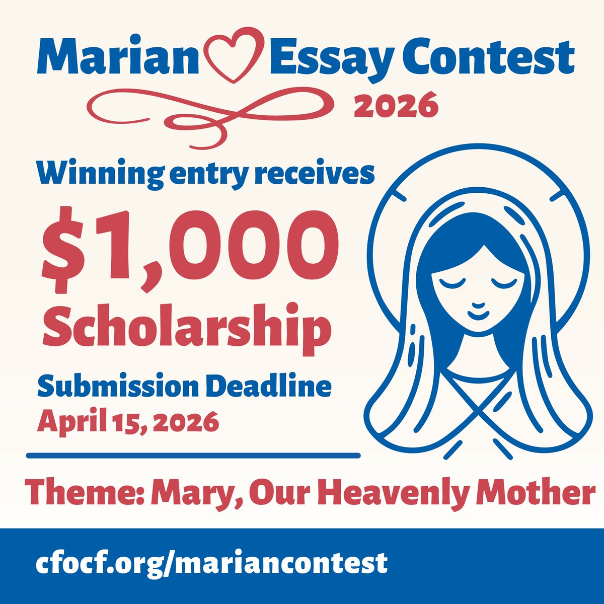 Middle school students are invited to enter the 2026 Marian Essay Contest!

Open to grades 5–8 in the Diocese of Orlando. Reflect on Mary, Our Heavenly Mother and how she guides you closer to Jesus.

Grand Prize: $1,000
Deadline: April 15
Details: cfocf.org/mariancontest/
